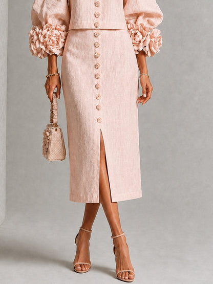 Conjunto de Falda Rosa con botones delanteros, puños y floral - Rosa