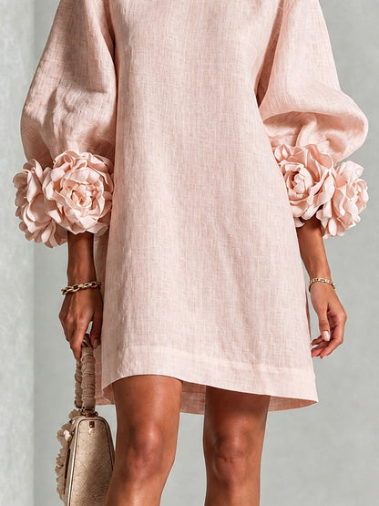 Minivestido Rosa con escote redondo, puños y floral
