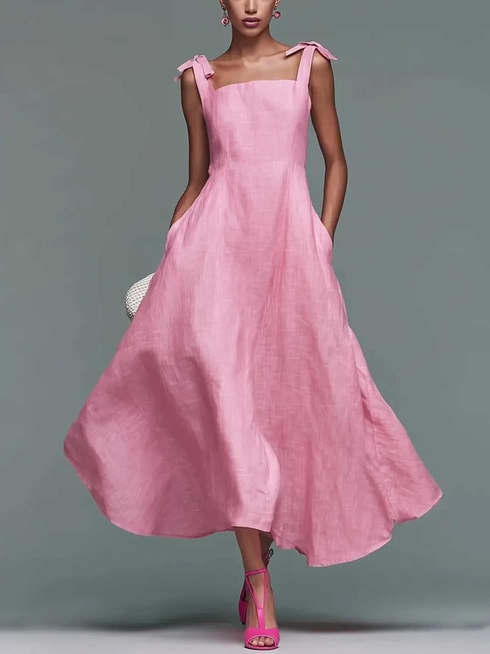 Vestido Largo Rosa con lazo y escote cuadrado - Rosa