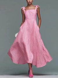 Vestido Largo Rosa con lazo y escote cuadrado - Rosa