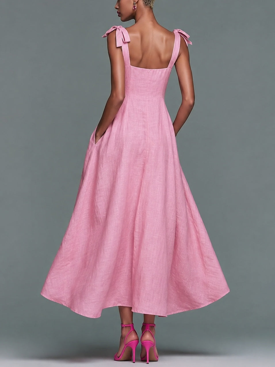 Vestido Largo Rosa con lazo y escote cuadrado - Rosa