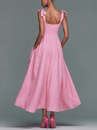 Vestido Largo Rosa con lazo y escote cuadrado - Rosa