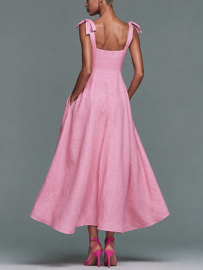 Vestido Largo Rosa con lazo y escote cuadrado - Rosa