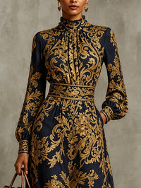 Vestido Largo Azul Marino con cuello alto, manga farol y estampado - Azul Marino