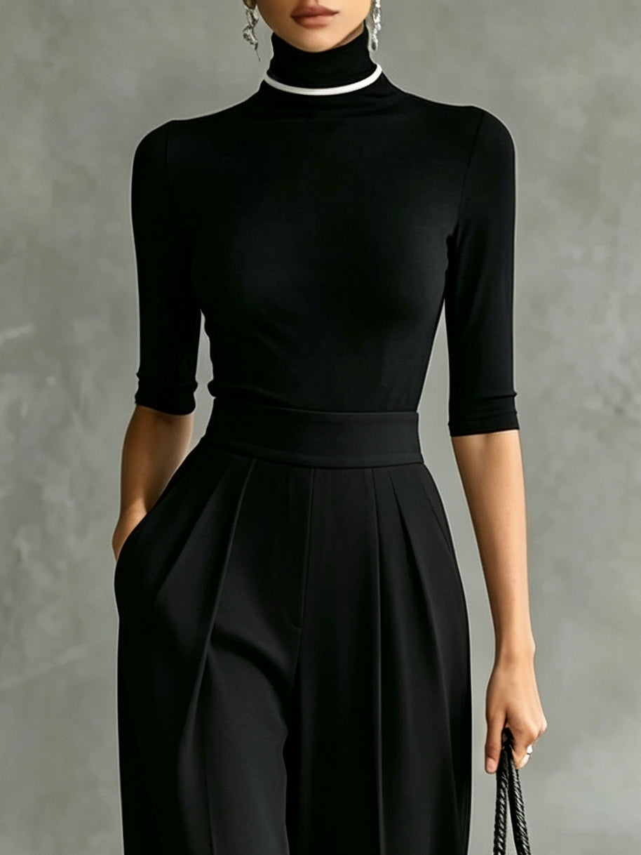 Conjunto de Pantalón Negro con ribete, cuello alto y pierna ancha - Negro