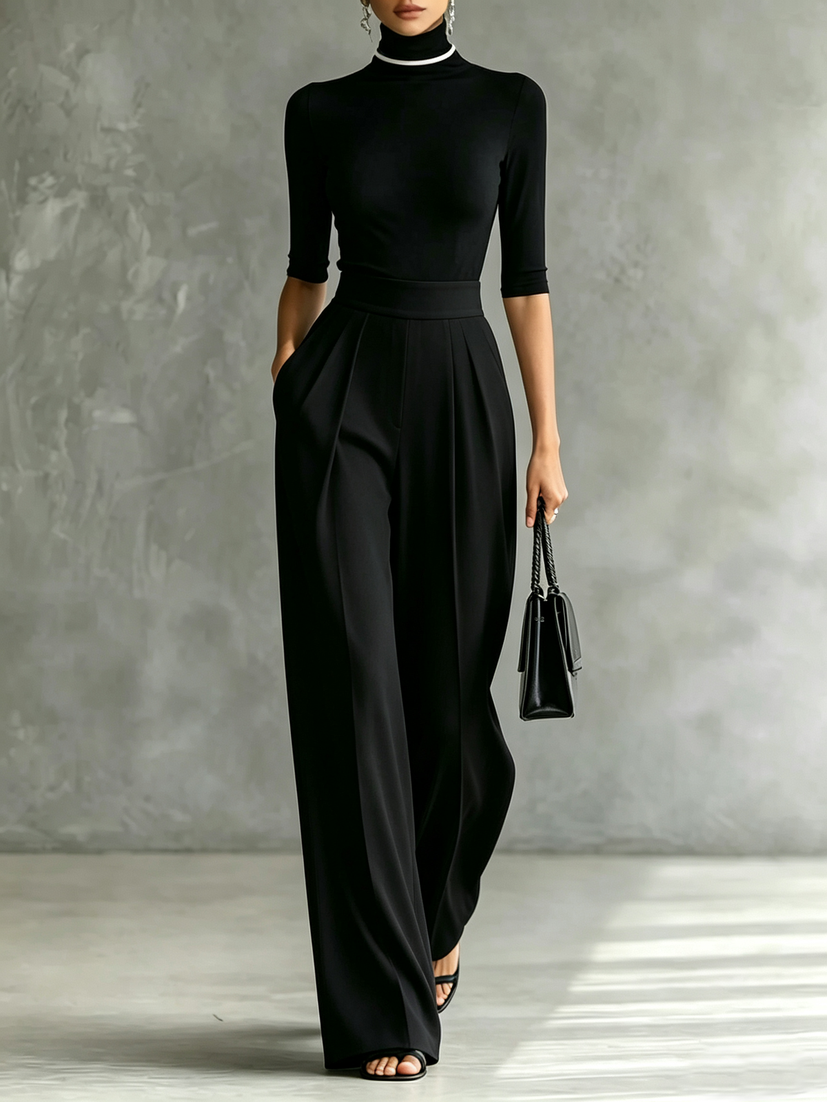 Conjunto de Pantalón Negro con ribete, cuello alto y pierna ancha - Negro