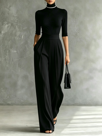 Conjunto de Pantalón Negro con ribete, cuello alto y pierna ancha - Negro