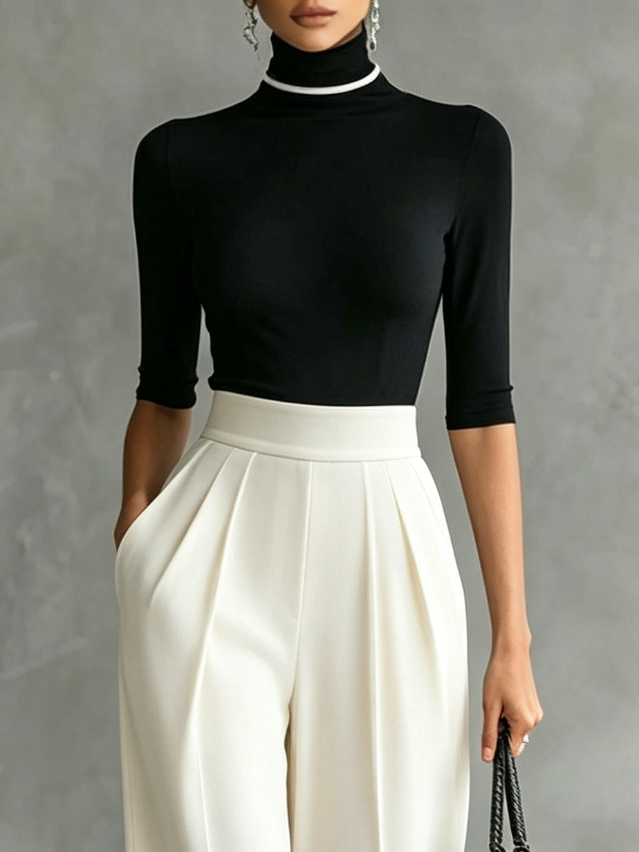 Conjunto de Pantalón Blanco y Negro con ribete, cuello alto y pierna ancha - Blanco y Negro