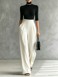 Conjunto de Pantalón Blanco y Negro con ribete, cuello alto y pierna ancha - Blanco y Negro