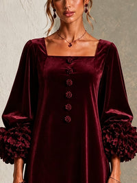 Minivestido Burdeos con terciopelo, botones delanteros, puños y floral - Burdeos