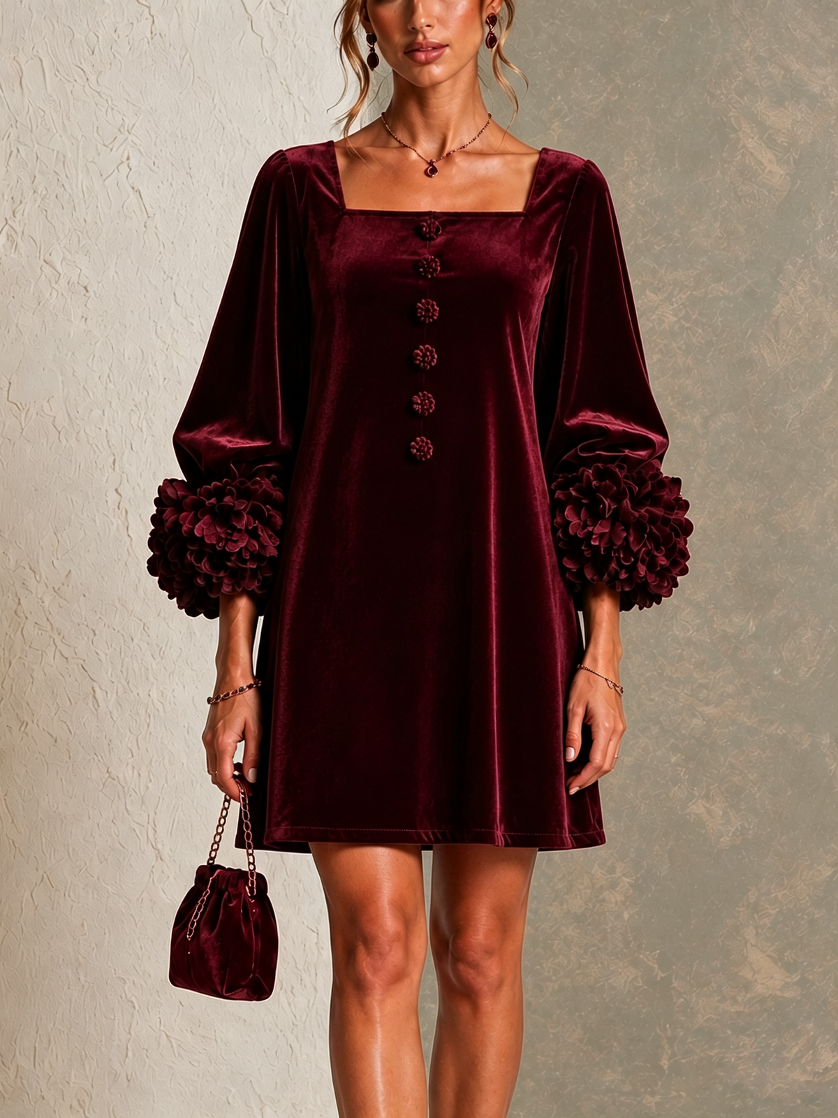 Minivestido Burdeos con terciopelo, botones delanteros, puños y floral - Burdeos