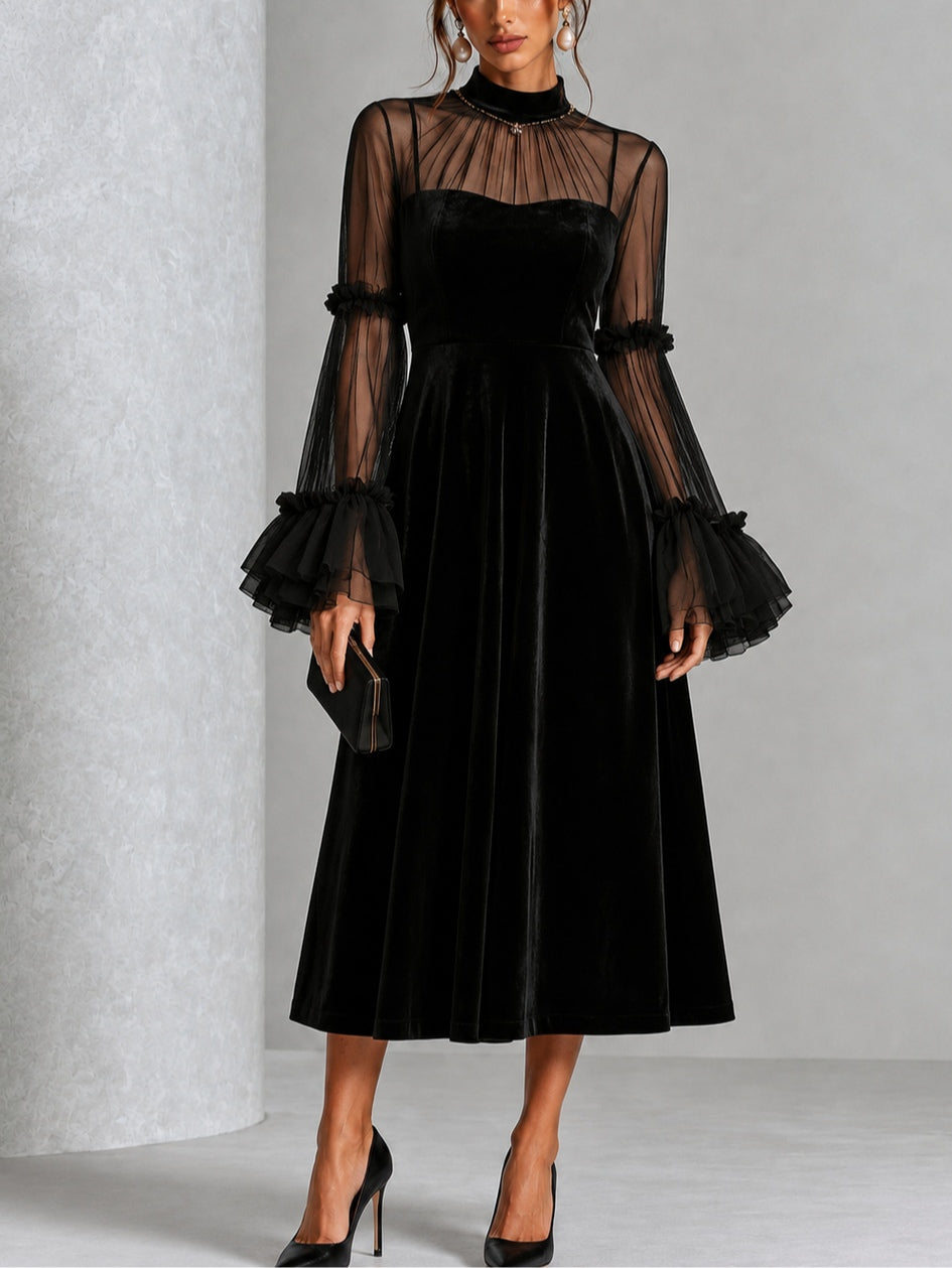 Vestido Midi Negro con terciopelo, transparente, malla y plisado - Negro
