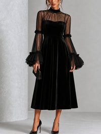 Vestido Midi Negro con terciopelo, transparente, malla y plisado - Negro