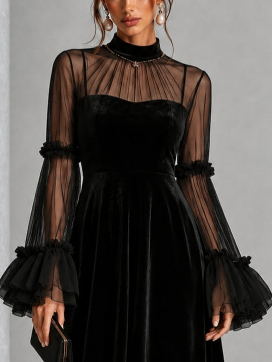 Vestido Midi Negro con terciopelo, transparente, malla y plisado - Negro