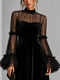Vestido Midi Negro con terciopelo, transparente, malla y plisado - Negro
