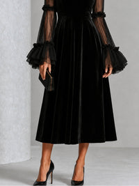 Vestido Midi Negro con terciopelo, transparente, malla y plisado - Negro