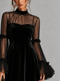 Vestido Midi Negro con terciopelo, transparente, malla y plisado - Negro