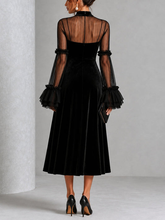 Vestido Midi Negro con terciopelo, transparente, malla y plisado - Negro