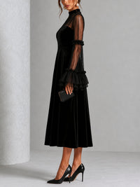 Vestido Midi Negro con terciopelo, transparente, malla y plisado - Negro