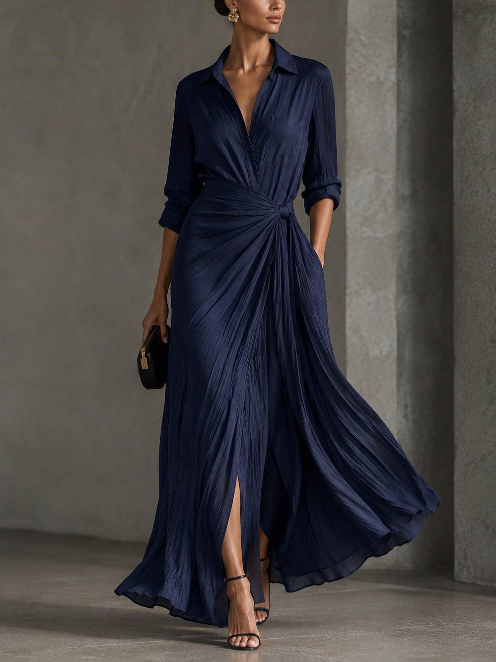 Vestido Camisero Elegante Azul Marino con nudo - Azul Marino