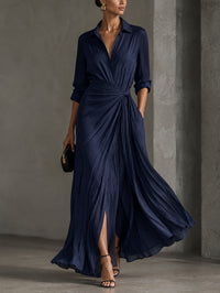Vestido Camisero Elegante Azul Marino con nudo - Azul Marino