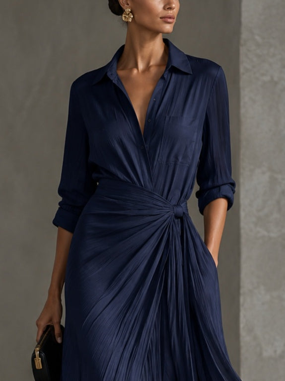 Vestido Camisero Elegante Azul Marino con nudo - Azul Marino