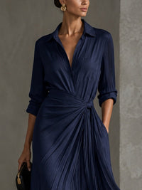 Vestido Camisero Elegante Azul Marino con nudo - Azul Marino