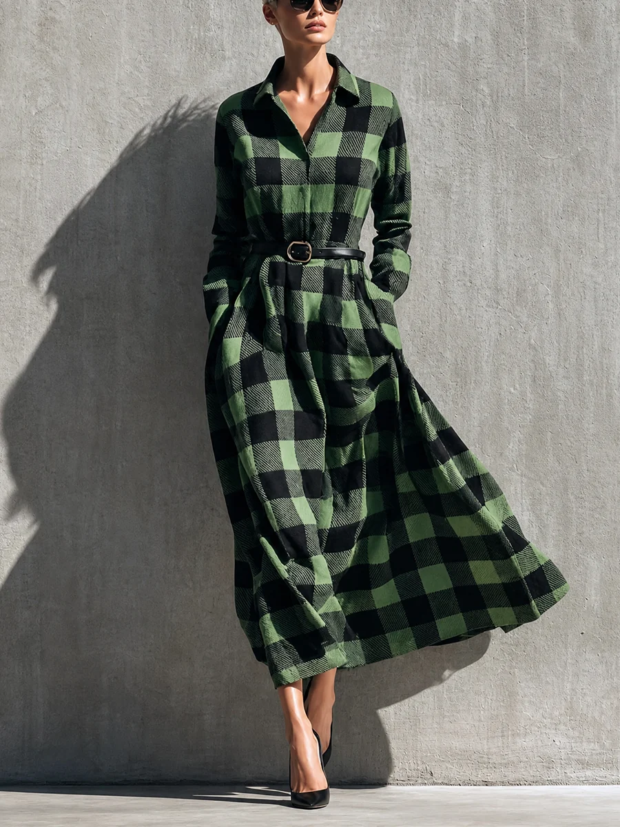 Vestido Casual Verde con cuadros, cuello camisero y cinturón - Verde