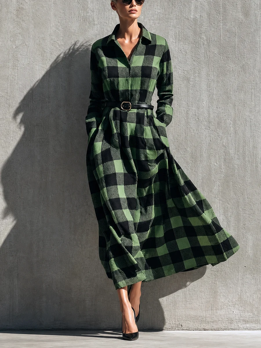 Vestido Casual Verde con cuadros, cuello camisero y cinturón - Verde