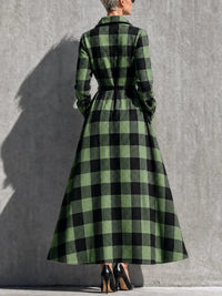 Vestido Casual Verde con cuadros, cuello camisero y cinturón - Verde