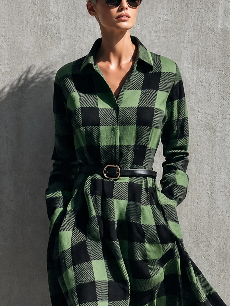 Vestido Casual Verde con cuadros, cuello camisero y cinturón - Verde