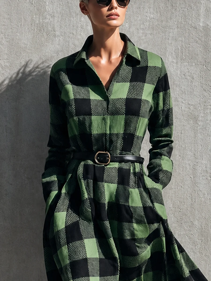 Vestido Casual Verde con cuadros, cuello camisero y cinturón - Verde