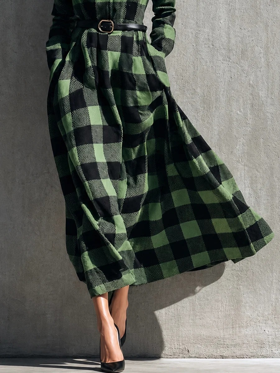Vestido Casual Verde con cuadros, cuello camisero y cinturón - Verde