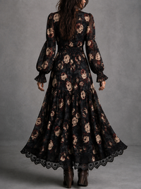 Vestido Estampado Negro con remate de encaje, fruncido y estampado - Negro