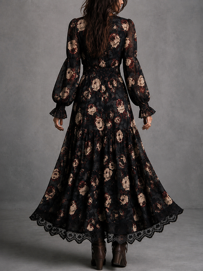 Vestido Estampado Negro con remate de encaje, fruncido y estampado - Negro