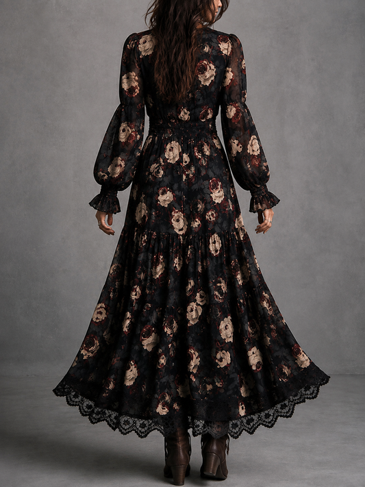 Vestido Estampado Negro con remate de encaje, fruncido y estampado - Negro