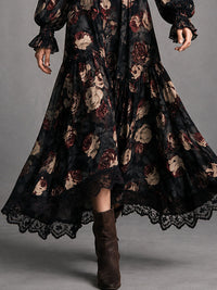 Vestido Estampado Negro con remate de encaje, fruncido y estampado - Negro