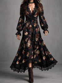 Vestido Estampado Negro con remate de encaje, fruncido y estampado - Negro