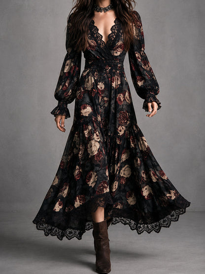 Vestido Estampado Negro con remate de encaje, fruncido y estampado - Negro