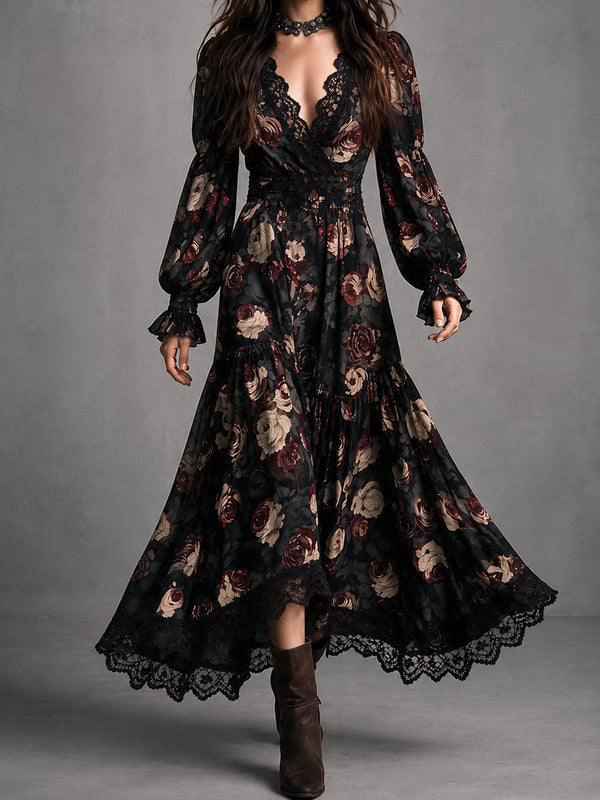 Vestido Estampado Negro con remate de encaje, fruncido y estampado - Negro