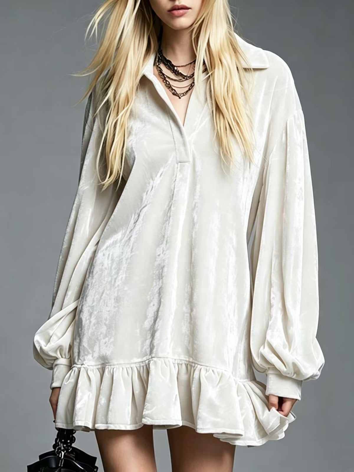 Minivestido con terciopelo, manga farol y volantes - Blanco