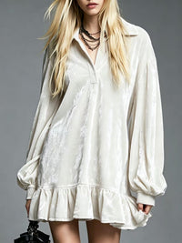 Minivestido con terciopelo, manga farol y volantes - Blanco