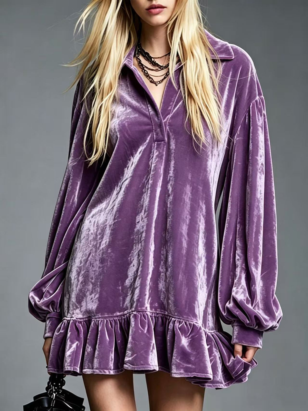 Minivestido con terciopelo, manga farol y volantes - Negro