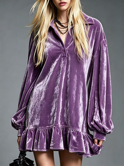Minivestido con terciopelo, manga farol y volantes - Negro