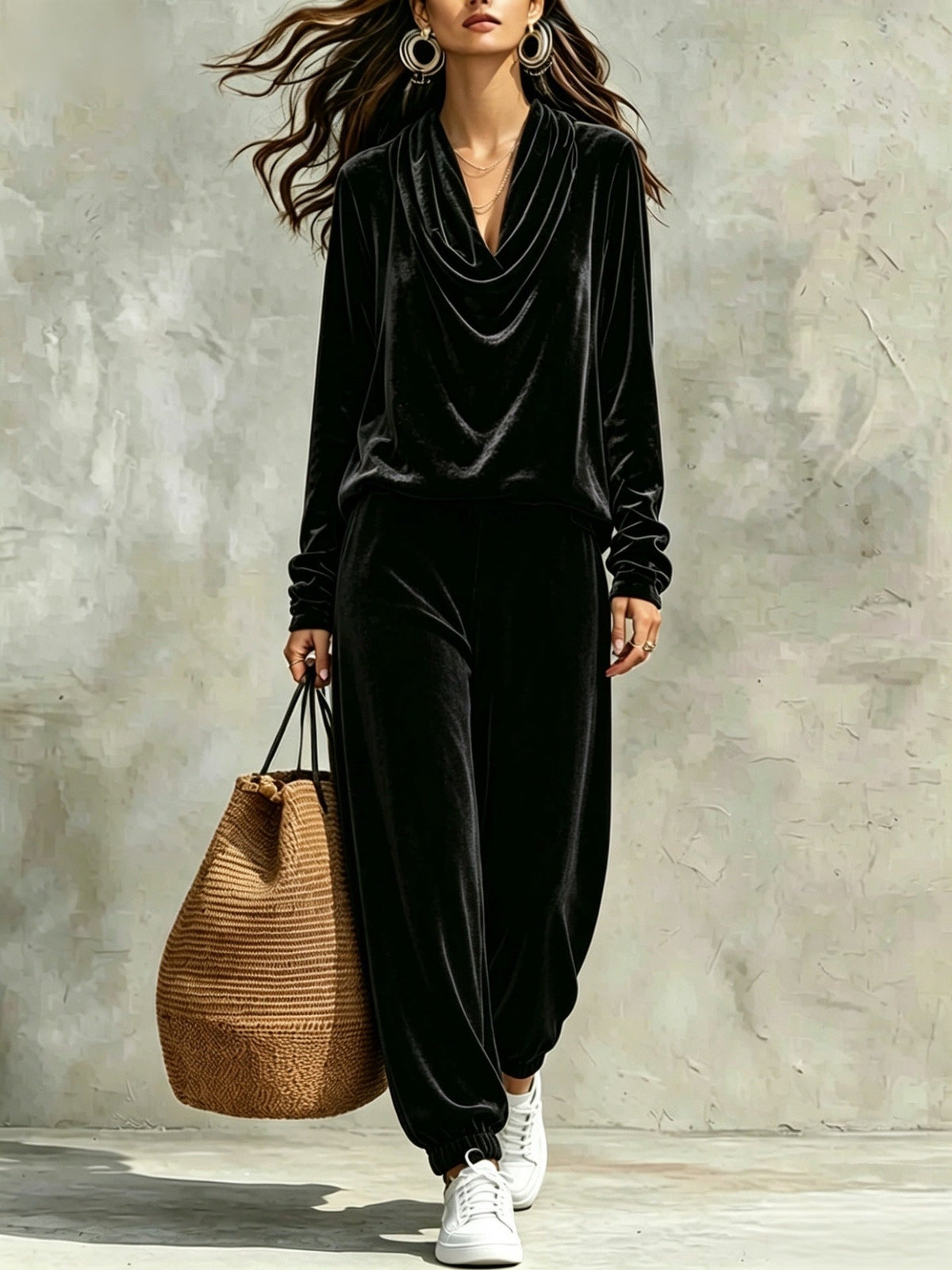 Conjunto de Pantalón Corte Holgado con terciopelo, escote drapeado y puño - Negro