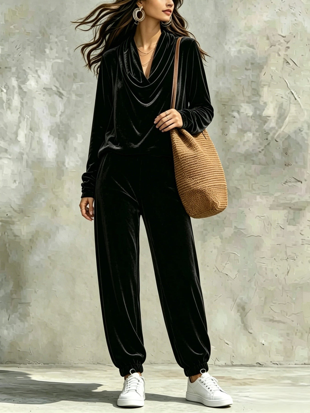 Conjunto de Pantalón Corte Holgado con terciopelo, escote drapeado y puño - Negro