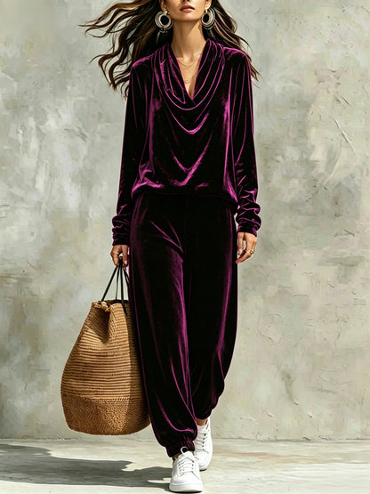 Conjunto de Pantalón Corte Holgado con terciopelo, escote drapeado y puño - Negro