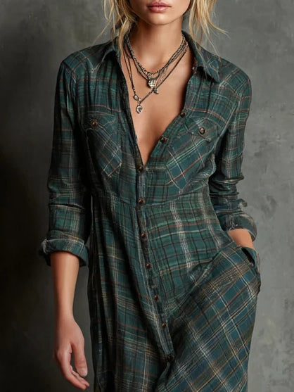 Vestido Casual con cuadros - Verde