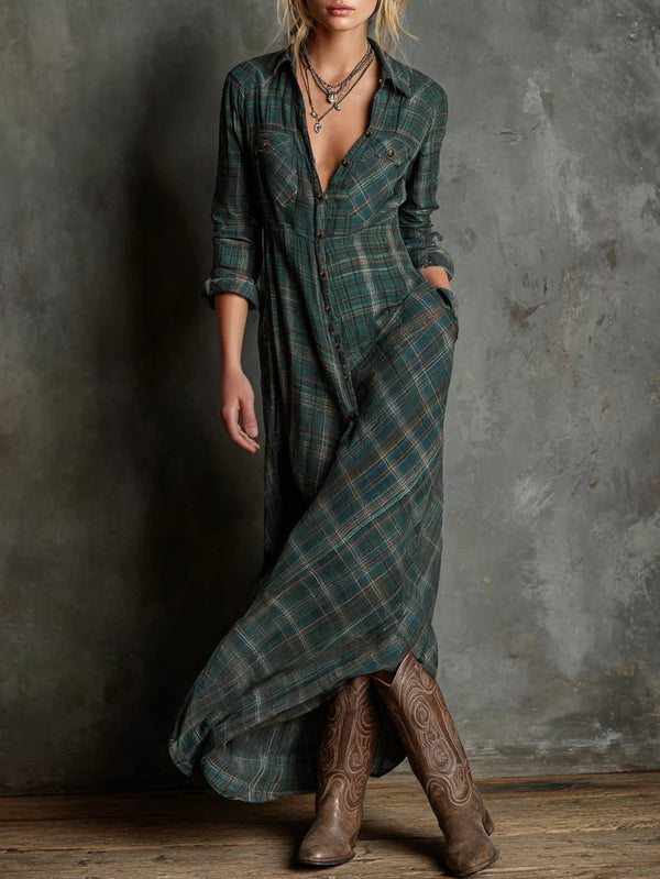 Vestido Casual con cuadros - Verde