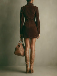 Vestido Casual con ante, cuello mao y cremallera - Marrón